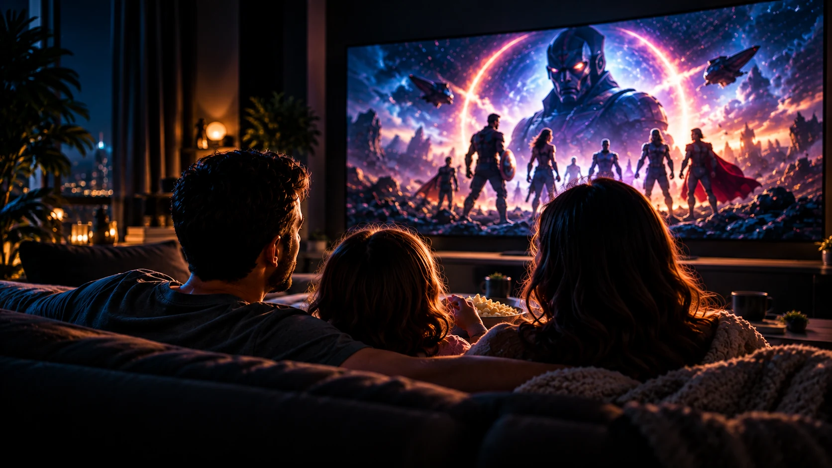 Família assistindo à TV com Cine Radar