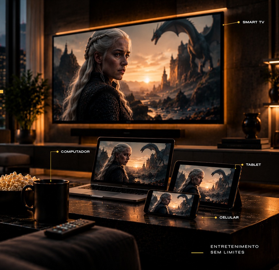 Smart TV, Computador, Tablet e Celular transmitindo Cine Radar